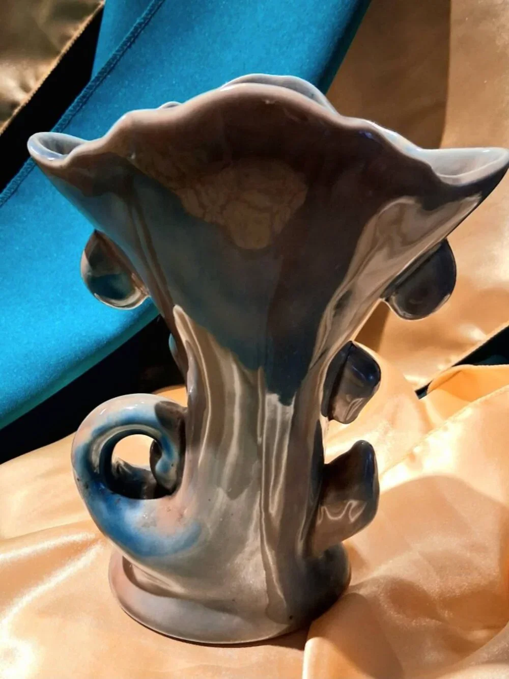 A Vintage Art Pottery Cornucopia Vase Blue Grey Drip Glaze Horn of Plenty MCM